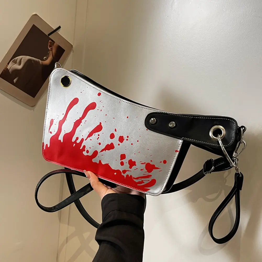 Knife Shaped Shoulder Bag Halloween Gothic Clutch Purse PU Leather Crossbody Bag Horror Bloody Satchel Bag with Adjustable Strap