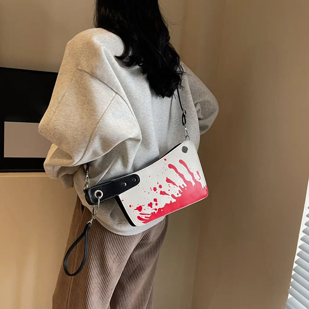 Knife Shaped Shoulder Bag Halloween Gothic Clutch Purse PU Leather Crossbody Bag Horror Bloody Satchel Bag with Adjustable Strap