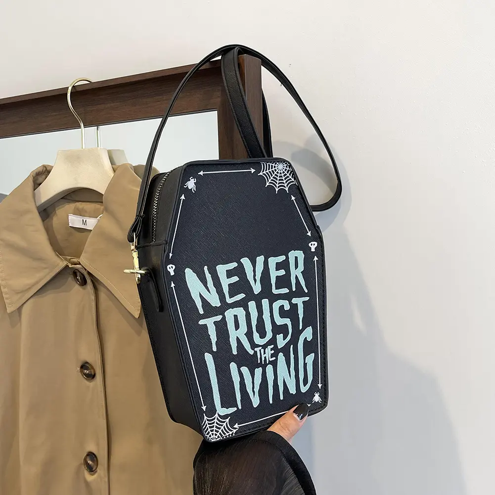 Halloween Gothic Crossbody Bag Women Coffin Satchel Purse PU Leather Skull Satchel Bag Zipper Versatile Cellphone Pouch Tote Bag