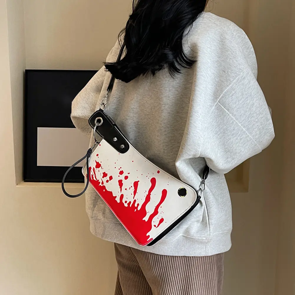 Knife Shaped Shoulder Bag Halloween Gothic Clutch Purse PU Leather Crossbody Bag Horror Bloody Satchel Bag with Adjustable Strap
