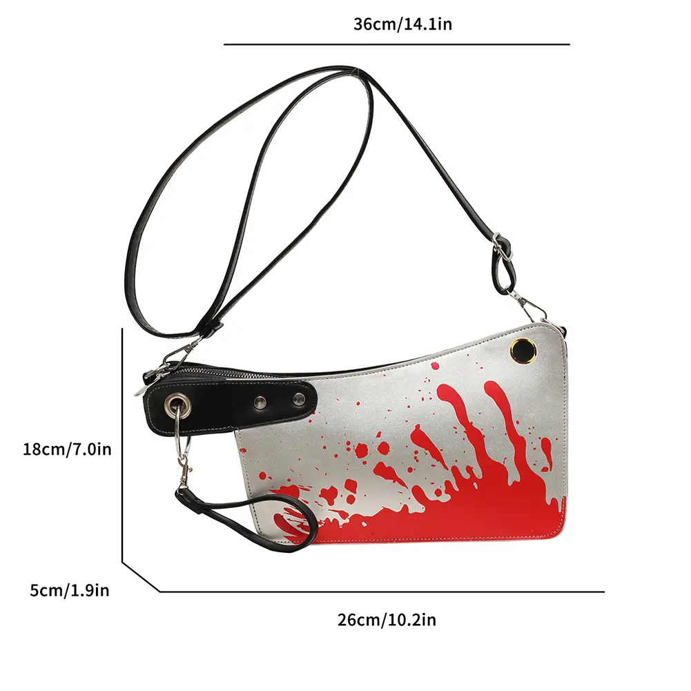 Knife Shaped Shoulder Bag Halloween Gothic Clutch Purse PU Leather Crossbody Bag Horror Bloody Satchel Bag with Adjustable Strap