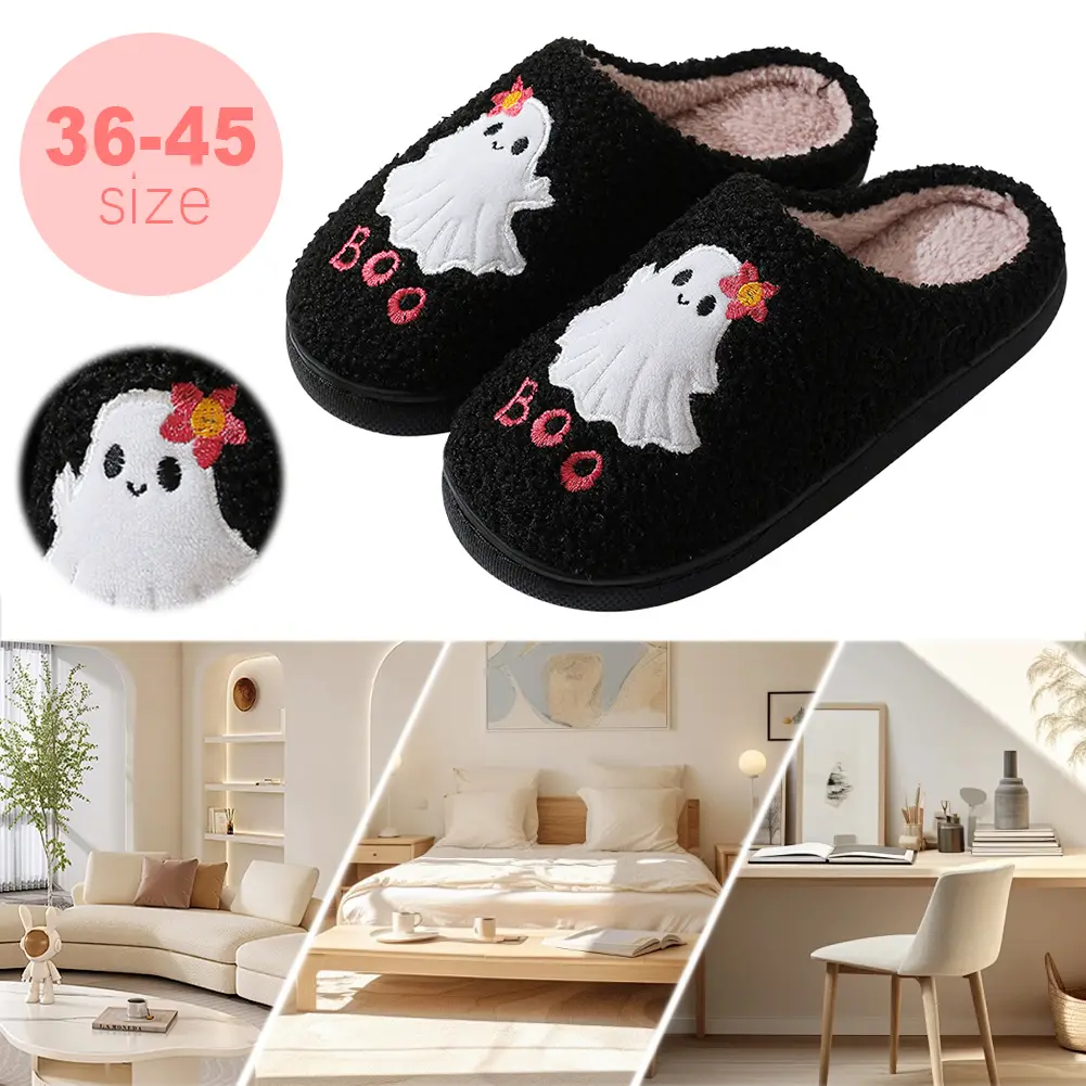 Halloween Ghost Plush Slippers Closed Toe Slippers Comfortable Warm Slip-on House Shoes Anti Slip Soft Furry Slipper for Winter