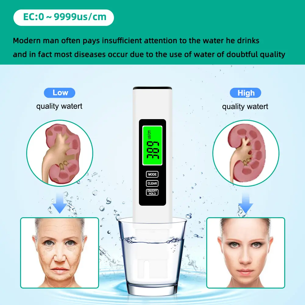 4 in 1 TDS Meter Digital Water PH Meter 0-9990PPM High Precision Digital Water Quality Tester Aquarium Swimming Pool PH Tester