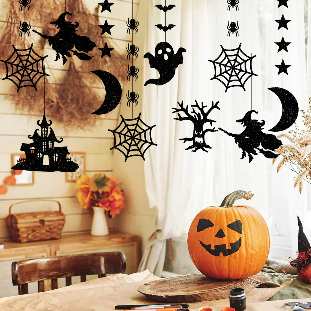 6/12pcs Halloween Hanging Witch Bat Spider Pendant Ornament Scary Ghost Banner Garland Party Favors Happy Halloween Decorations