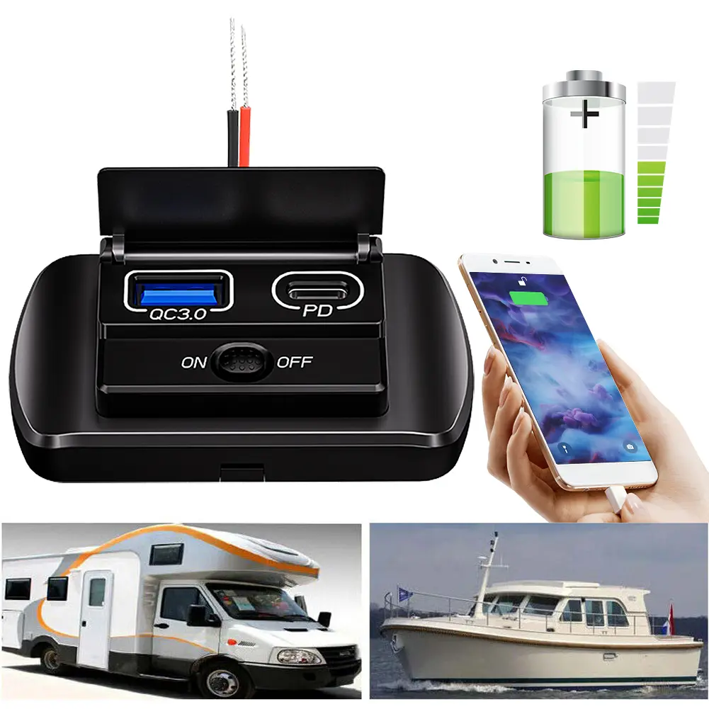 12V/24V Car Charger Socket Dual USB Ports QC3.0 PD USB Power Socket with ON/OFF Outlet Panel Adapter for Car Bus RV Truck Boats
