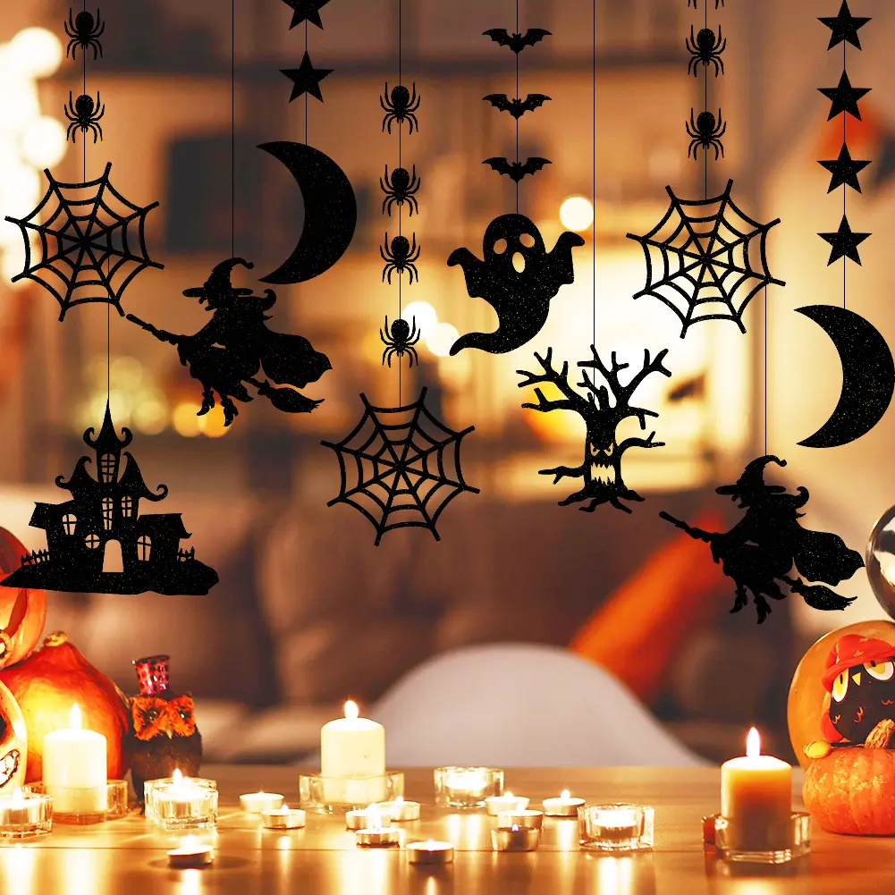 6/12pcs Halloween Hanging Witch Bat Spider Pendant Ornament Scary Ghost Banner Garland Party Favors Happy Halloween Decorations