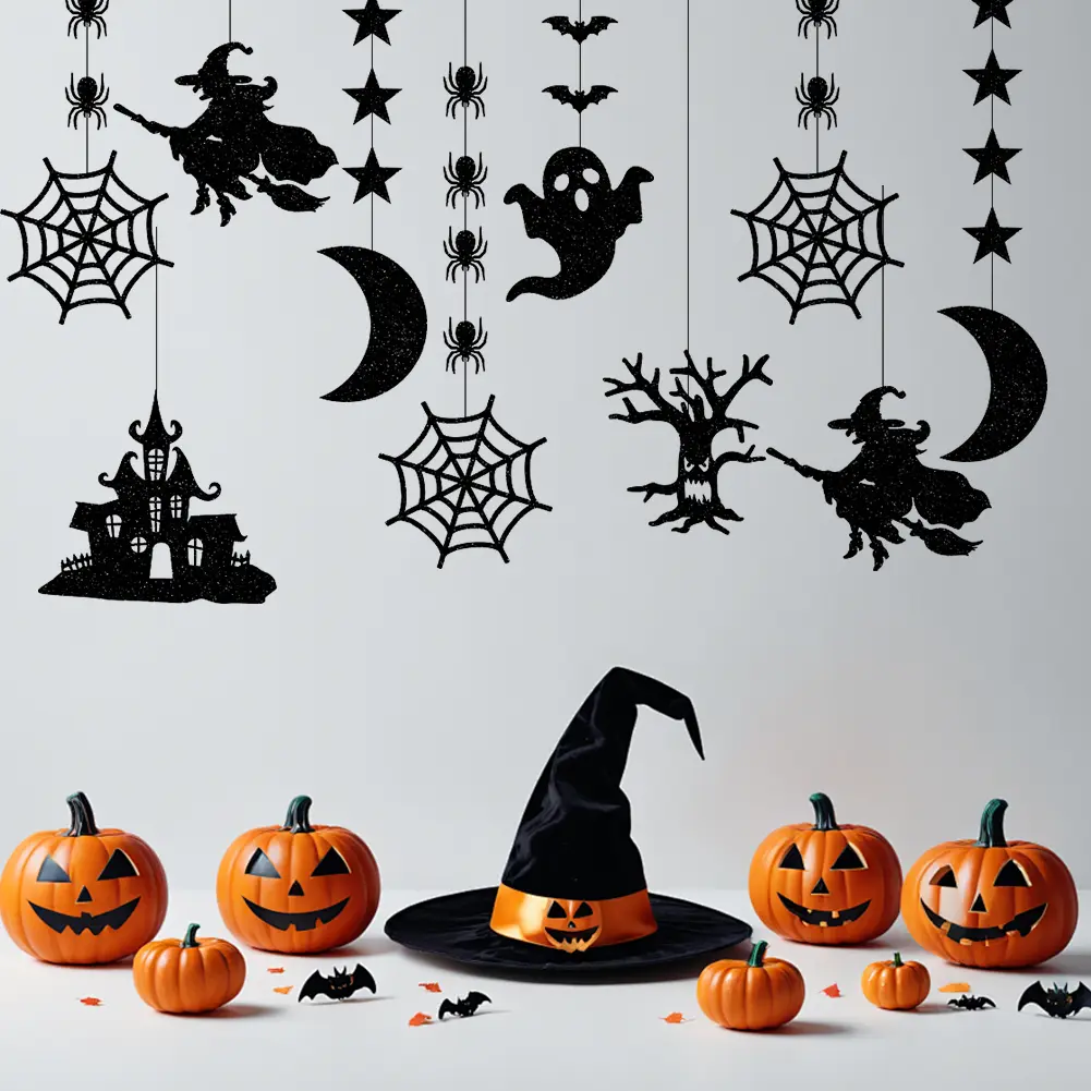 6/12pcs Halloween Hanging Witch Bat Spider Pendant Ornament Scary Ghost Banner Garland Party Favors Happy Halloween Decorations