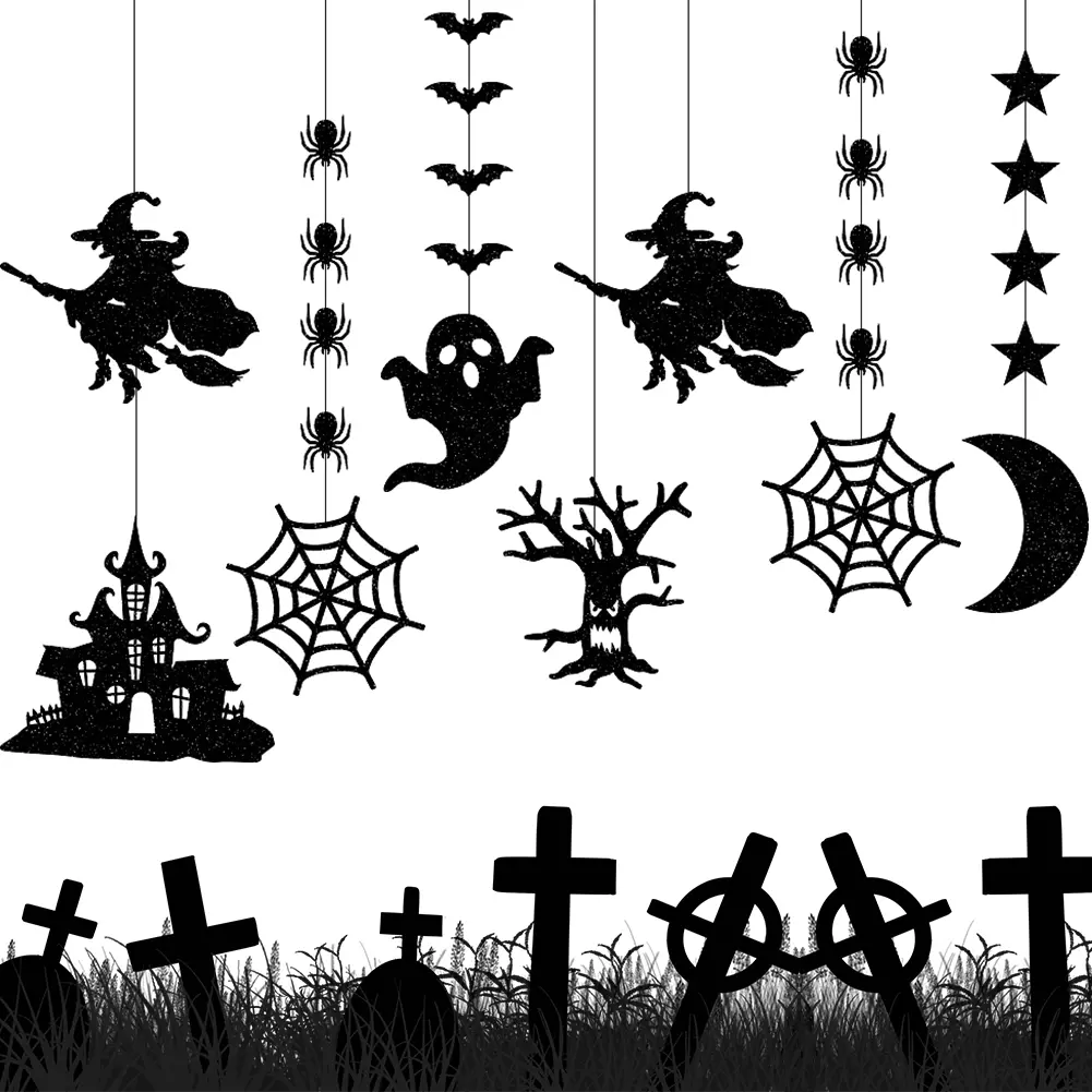 6/12pcs Halloween Hanging Witch Bat Spider Pendant Ornament Scary Ghost Banner Garland Party Favors Happy Halloween Decorations