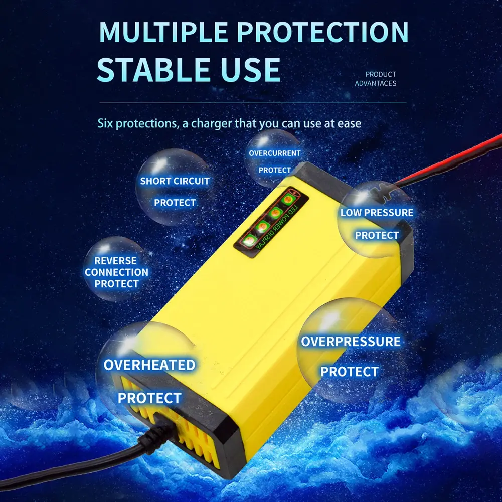 12V Intelligent Car Motorcycle Battery Charger LED Display Smart Battery Charger Overheat Overcharge Multi-protect Car Charger