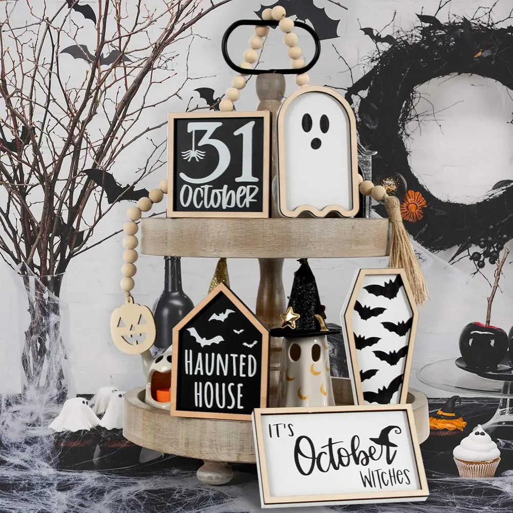 6pcs Halloween Tiered Tray Decor Set Wooden Sign Ghost Bat Tiered Trays Tabletop Ornament Terrifying Theme Halloween Decorations