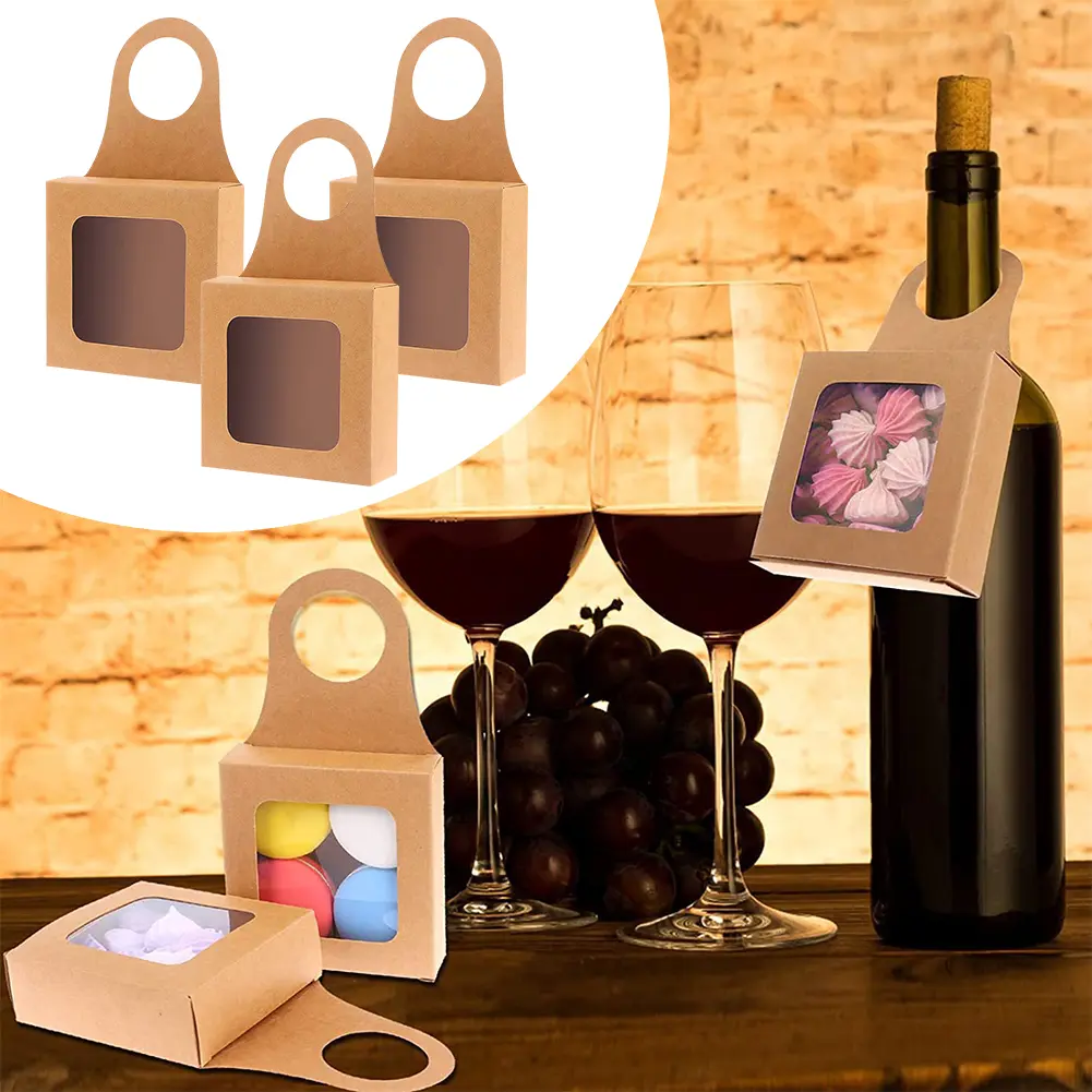 25Pcs Kraft Paper Wine Bottle Box with Window Foldable Wine Candy Boxes Visible Window Decorative Wine Boxes Xmas Party Supplies