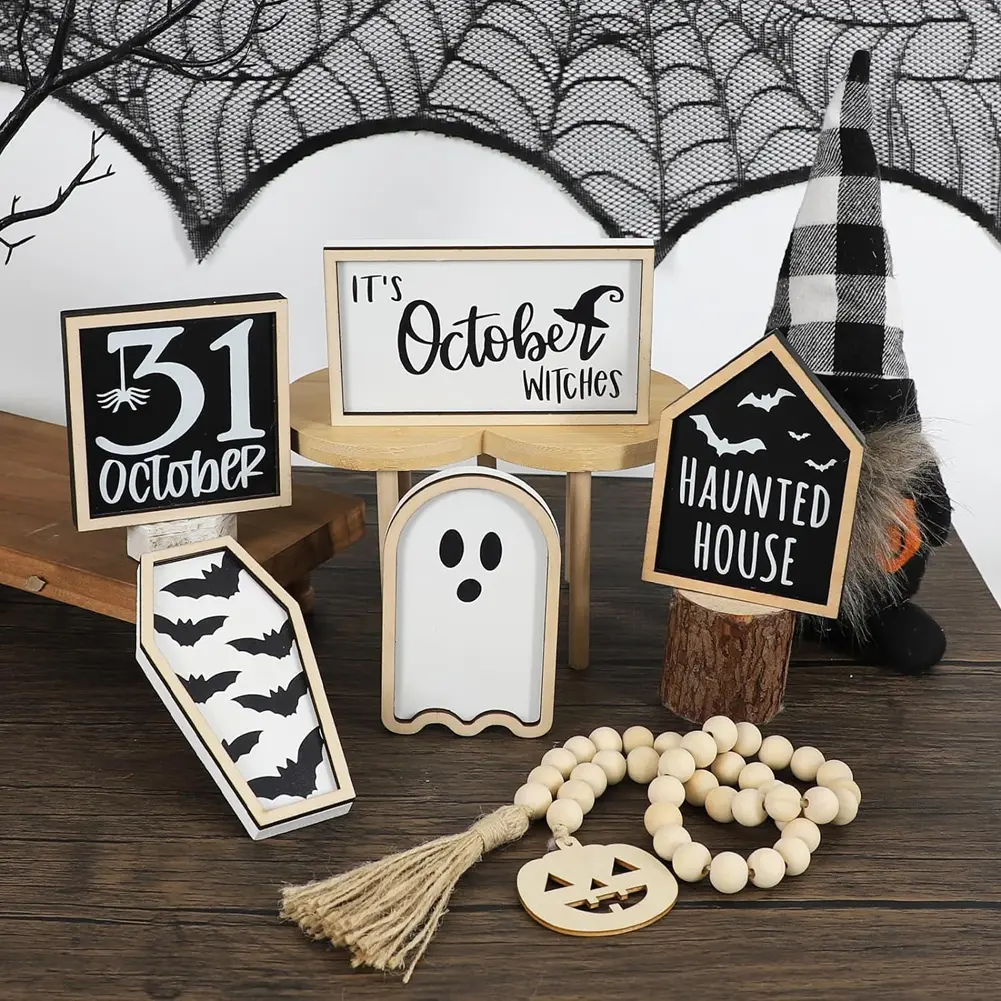 6pcs Halloween Tiered Tray Decor Set Wooden Sign Ghost Bat Tiered Trays Tabletop Ornament Terrifying Theme Halloween Decorations