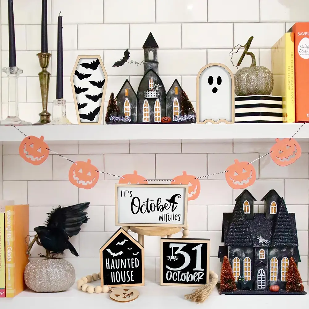 6pcs Halloween Tiered Tray Decor Set Wooden Sign Ghost Bat Tiered Trays Tabletop Ornament Terrifying Theme Halloween Decorations