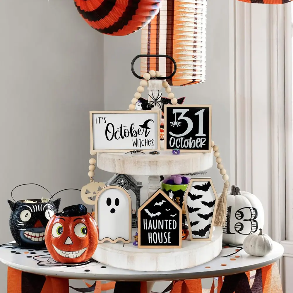6pcs Halloween Tiered Tray Decor Set Wooden Sign Ghost Bat Tiered Trays Tabletop Ornament Terrifying Theme Halloween Decorations