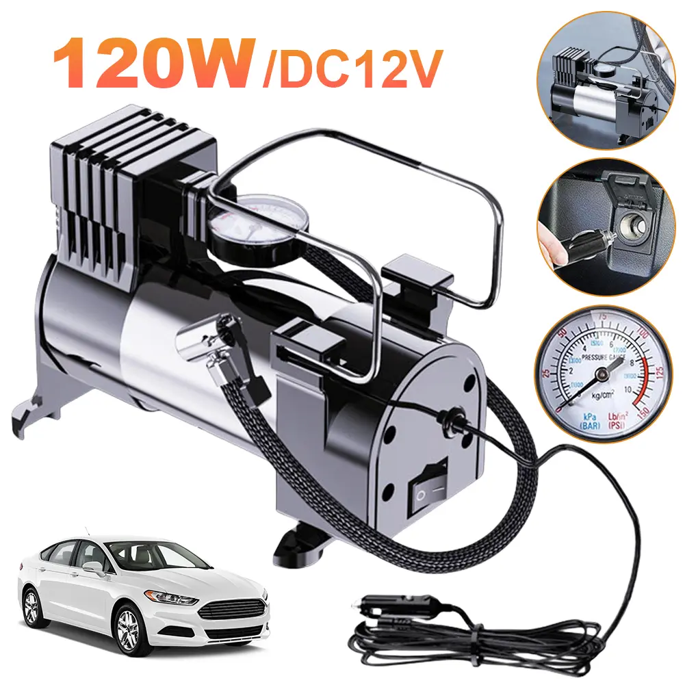 12V Car Electric Air Pump Cylinder Power System Electric Tire Inflator with Pressure Gauge Mini Air Compressor Car Tyre Inflator