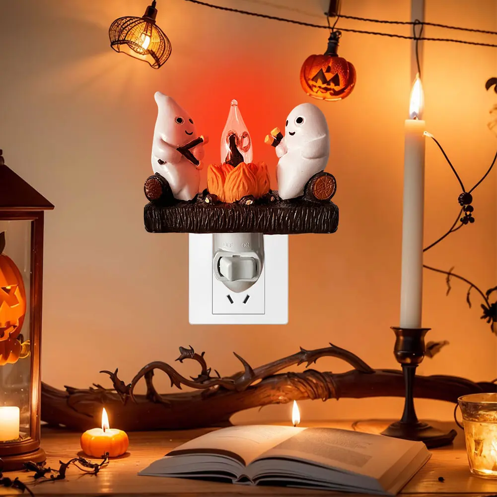 1-5pcs Ghost Campfire Flickering Plug in Night Light 3D LED Lights Ghost Roasting Marshmallows Night Light Halloween Decorations