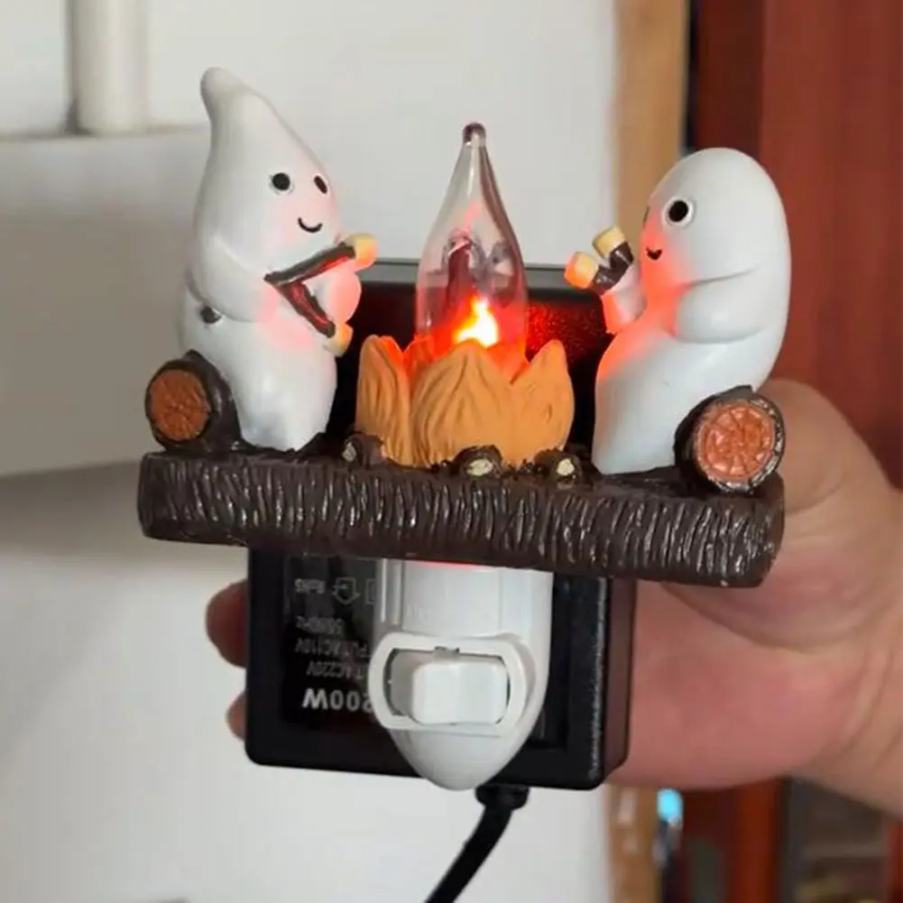 1-5pcs Ghost Campfire Flickering Plug in Night Light 3D LED Lights Ghost Roasting Marshmallows Night Light Halloween Decorations
