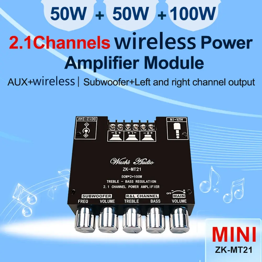ZK-MT21 50Wx2 Digital Subwoofer Amplifier Board AUX 12V 24V 2.1 Channel Bluetooth-compatible Audio Power Amplifier Board Module