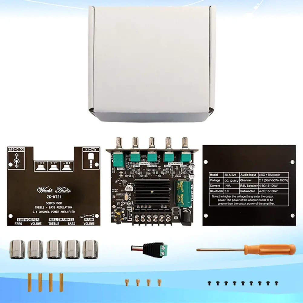 ZK-MT21 50Wx2 Digital Subwoofer Amplifier Board AUX 12V 24V 2.1 Channel Bluetooth-compatible Audio Power Amplifier Board Module