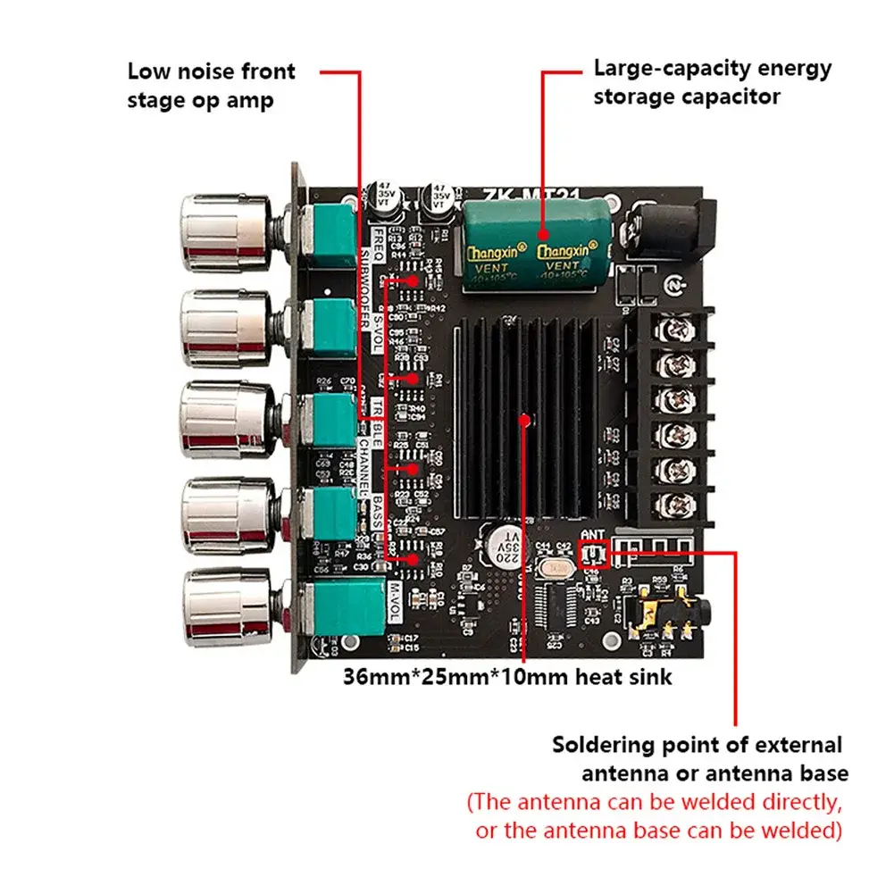 ZK-MT21 50Wx2 Digital Subwoofer Amplifier Board AUX 12V 24V 2.1 Channel Bluetooth-compatible Audio Power Amplifier Board Module