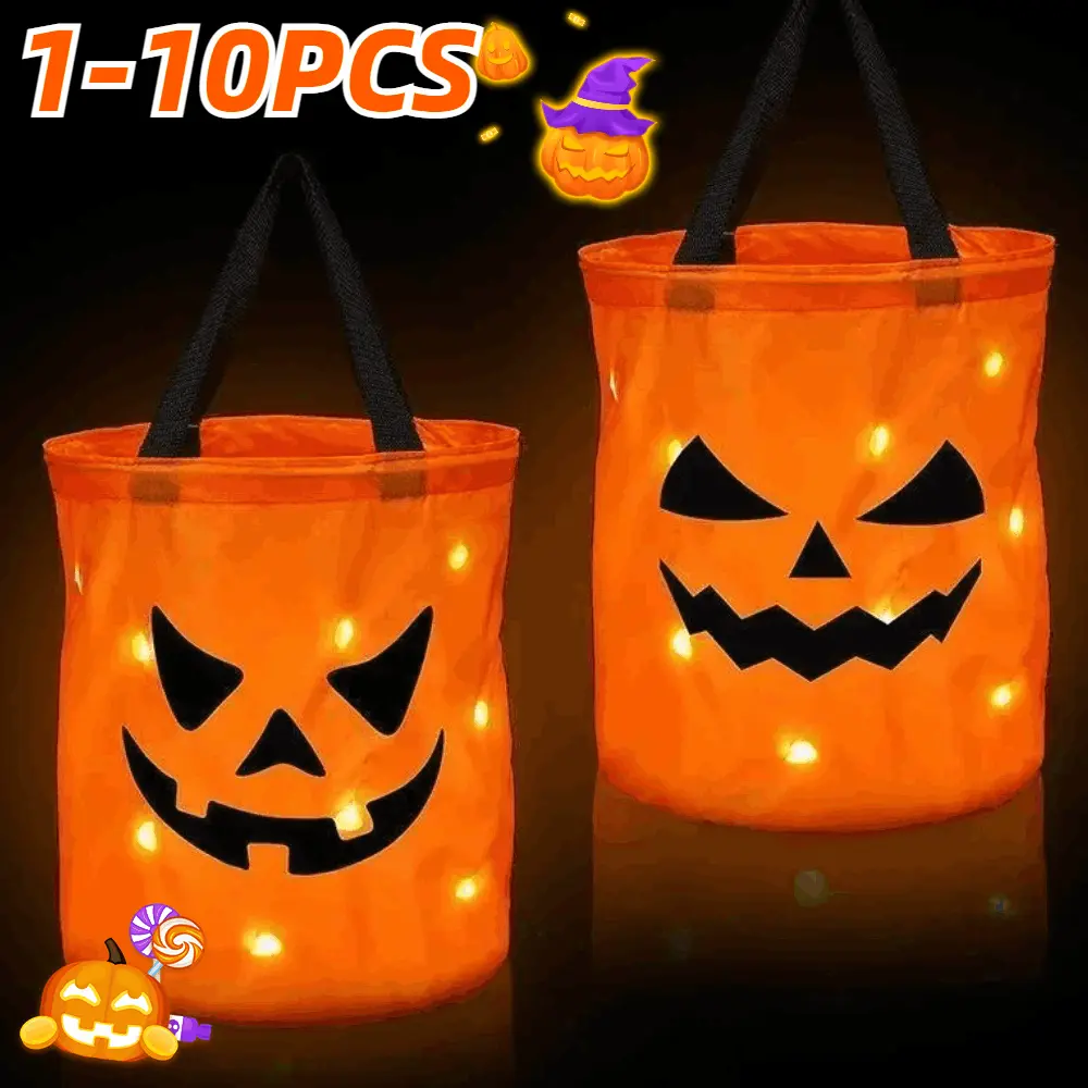 1-10PCS LED Light  Pumpkin Candy Bags Halloween Trick or Treat Party Bags Collapsible Halloween Basket Thanksgiving Gift Bags