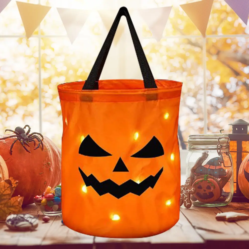 1-10PCS LED Light  Pumpkin Candy Bags Halloween Trick or Treat Party Bags Collapsible Halloween Basket Thanksgiving Gift Bags