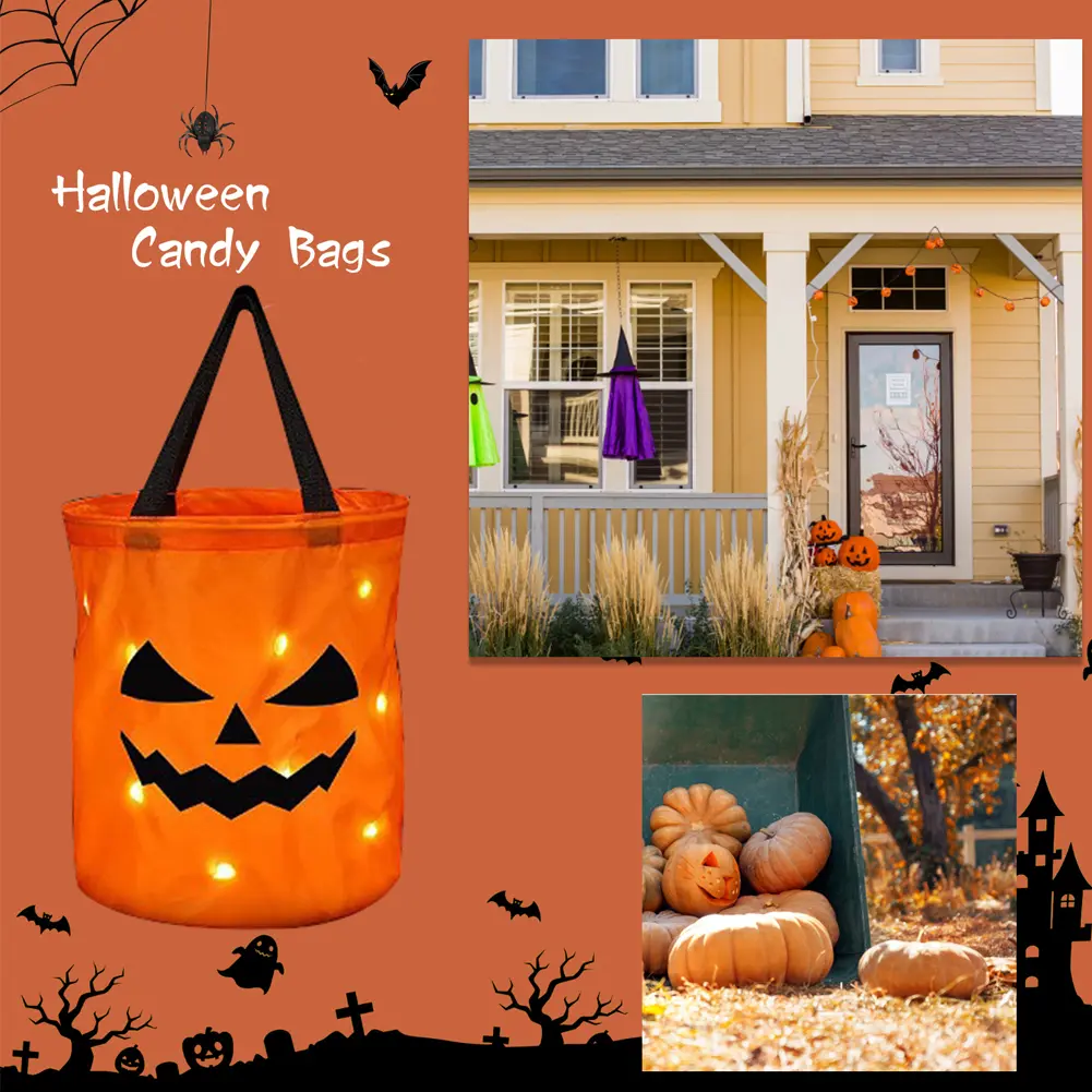 1-10PCS LED Light  Pumpkin Candy Bags Halloween Trick or Treat Party Bags Collapsible Halloween Basket Thanksgiving Gift Bags