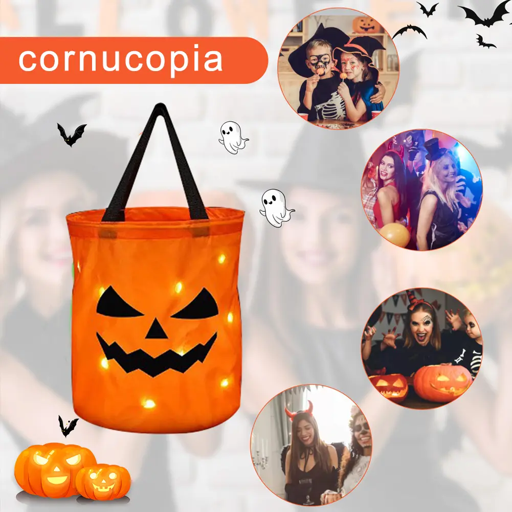 1-10PCS LED Light  Pumpkin Candy Bags Halloween Trick or Treat Party Bags Collapsible Halloween Basket Thanksgiving Gift Bags