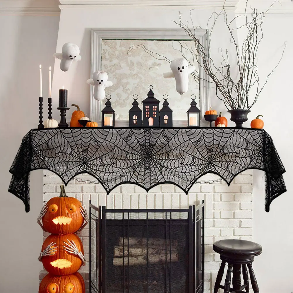Halloween Black Lace Spider Web Fireplace Mantel Scarf Halloween Decoration Table Runner Lace Spider Web Lampshade Tablecloth