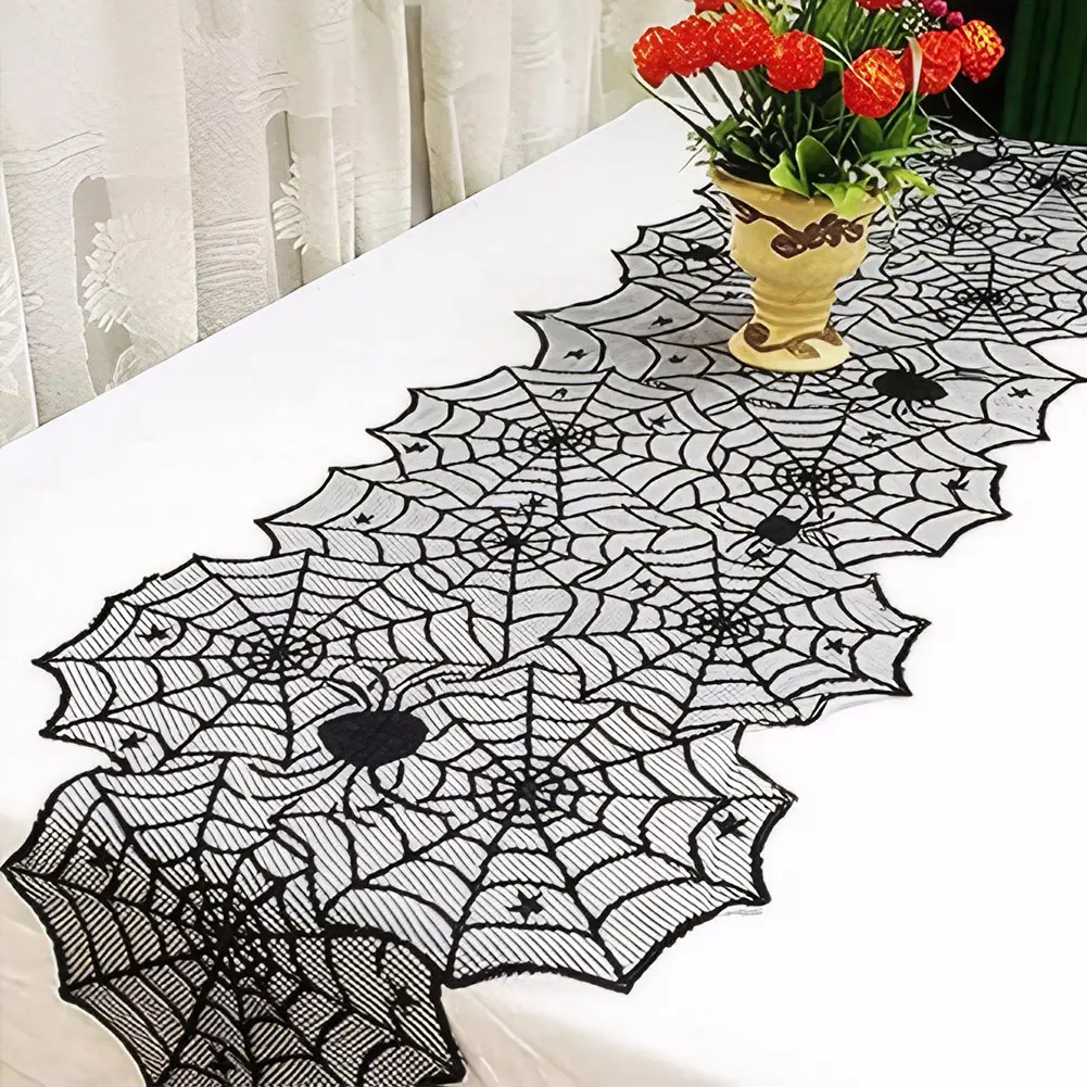 Halloween Black Lace Spider Web Fireplace Mantel Scarf Halloween Decoration Table Runner Lace Spider Web Lampshade Tablecloth