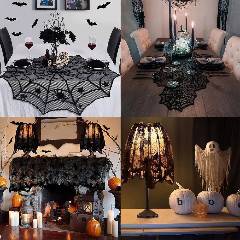 Halloween Black Lace Spider Web Fireplace Mantel Scarf Halloween Decoration Table Runner Lace Spider Web Lampshade Tablecloth