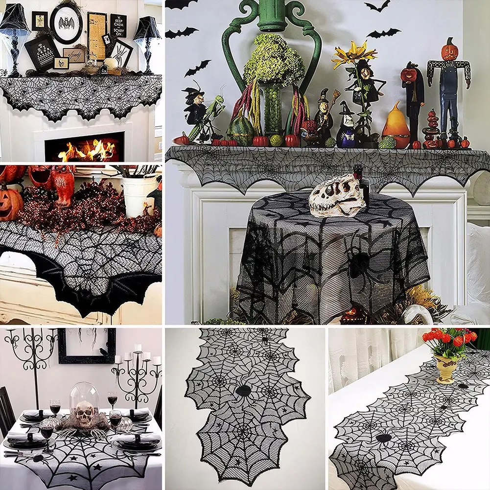 Halloween Black Lace Spider Web Fireplace Mantel Scarf Halloween Decoration Table Runner Lace Spider Web Lampshade Tablecloth
