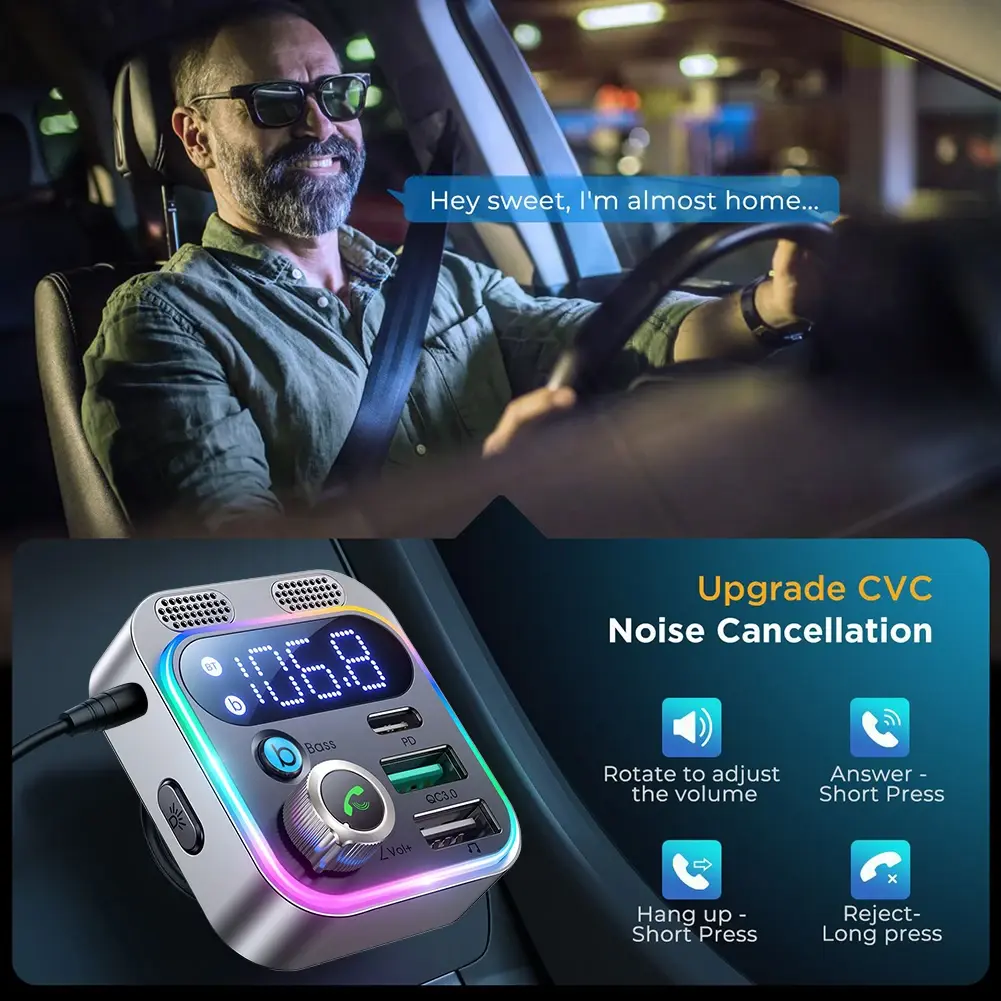 JOYROOM JR-CL17 48W Car Bluetooth FM Transmitter 12-24V Dual Microphones Car Bluetooth 5.0 Charger FM Transmitter CarAccessories