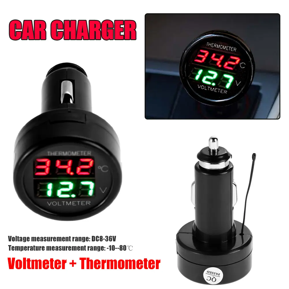Digital Car Voltmeter Thermometer Cigarette Lighter 24V-12V Battery Charge Meter LCD Digital Voltage Tester Temperature Gauge