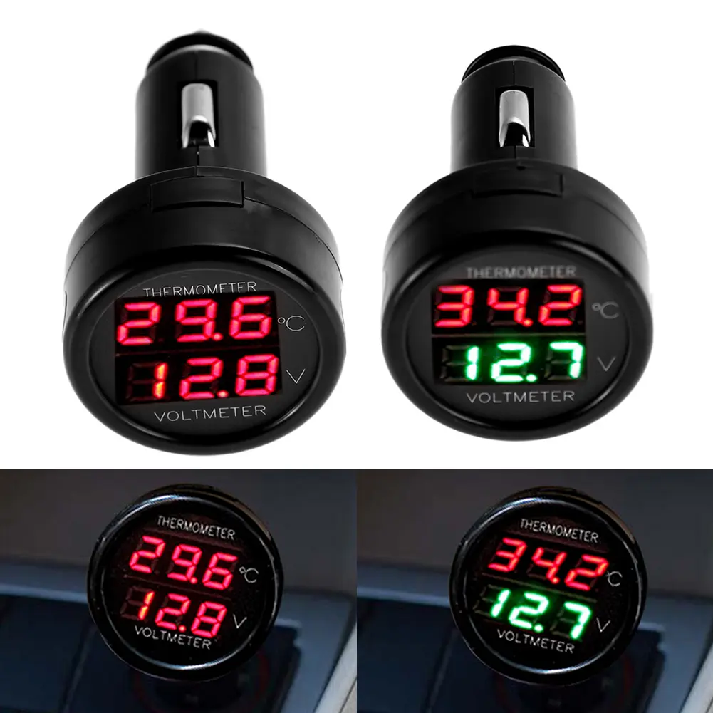 Digital Car Voltmeter Thermometer Cigarette Lighter 24V-12V Battery Charge Meter LCD Digital Voltage Tester Temperature Gauge