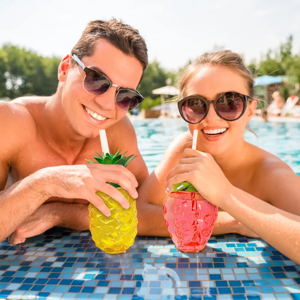 3/6pcs Cold Beverage Mug 500ml Pineapple/Strawberry Shape Tropical Summer Cups with Straw Creative Birthday Party Decoration