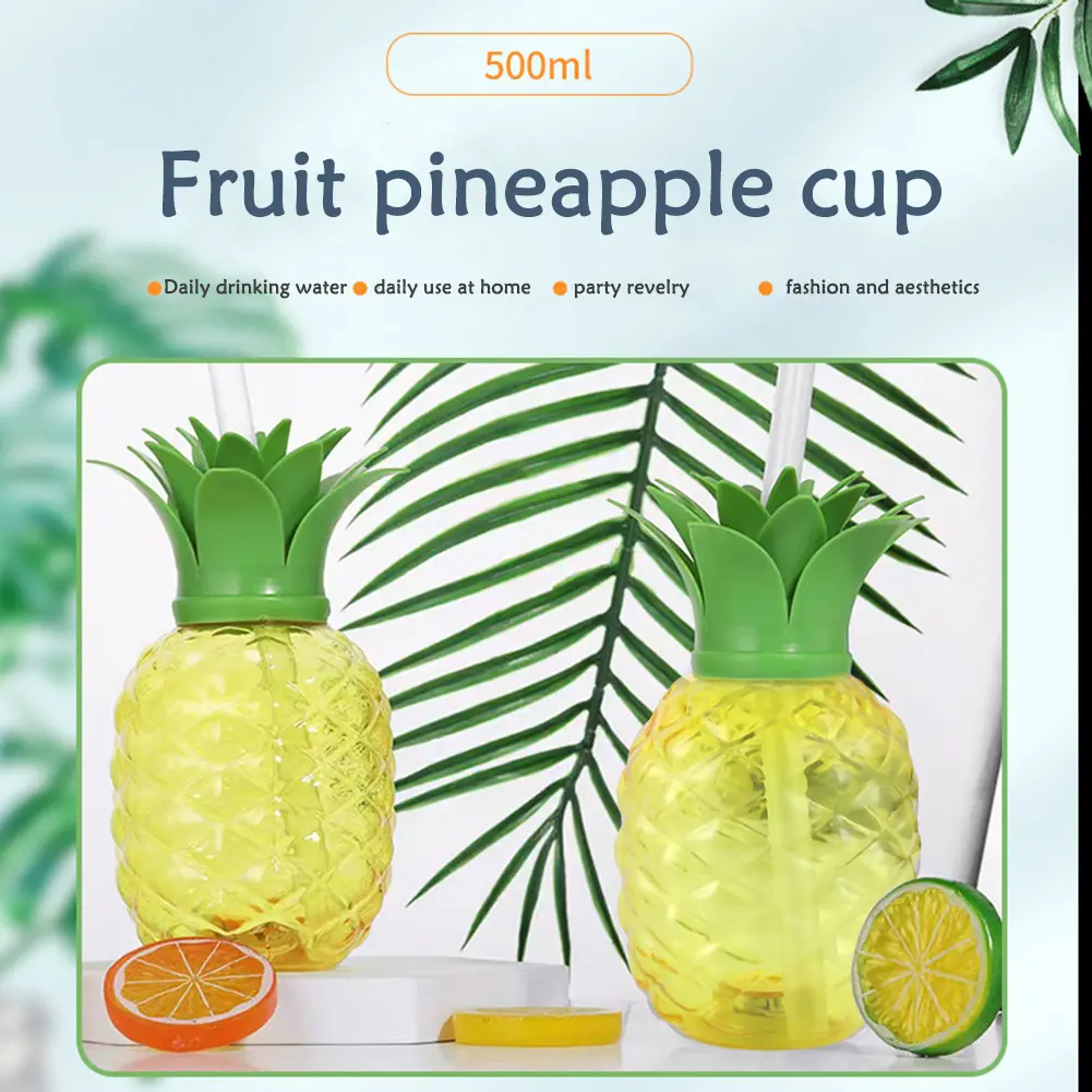 3/6pcs Cold Beverage Mug 500ml Pineapple/Strawberry Shape Tropical Summer Cups with Straw Creative Birthday Party Decoration