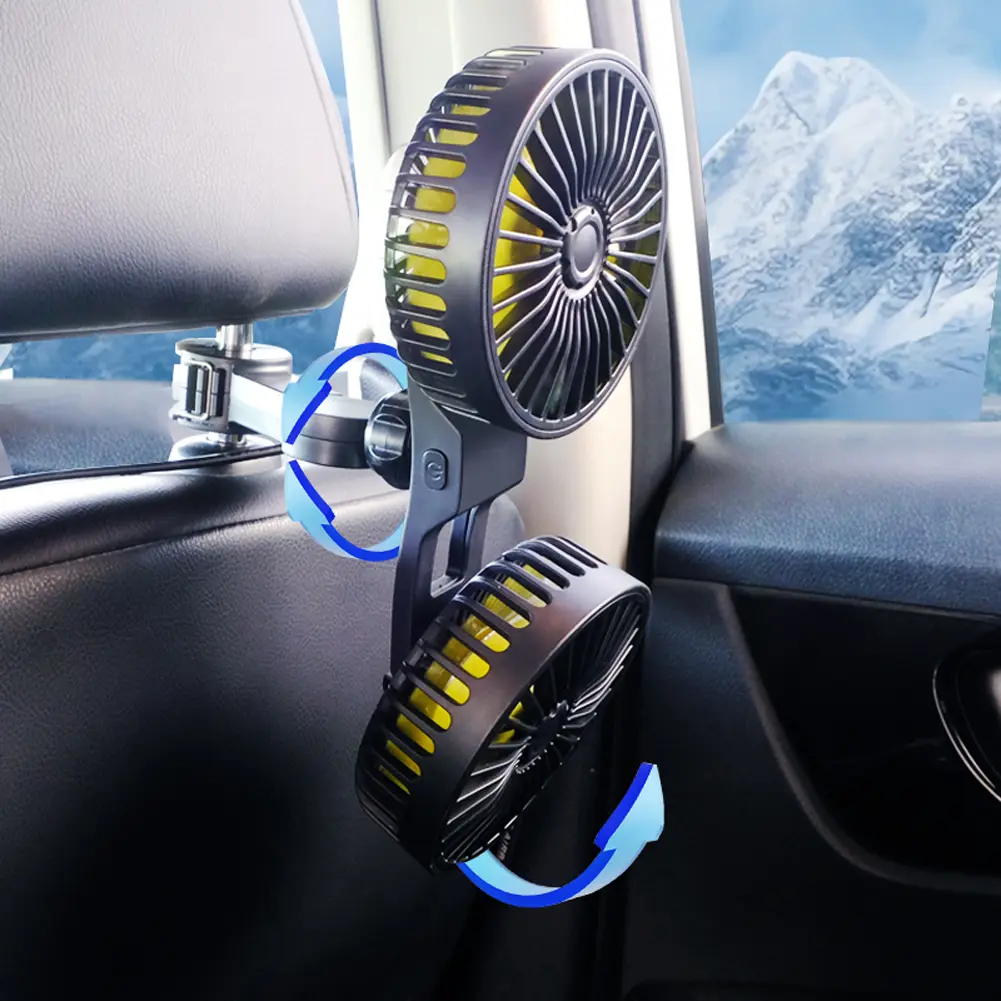 Car Seat Back Cooling Fan 360° Rotatable Dual Head Car Fan 3 Speed Adjustable Electric Fan 12V Auto Air Conditioning Ventilator