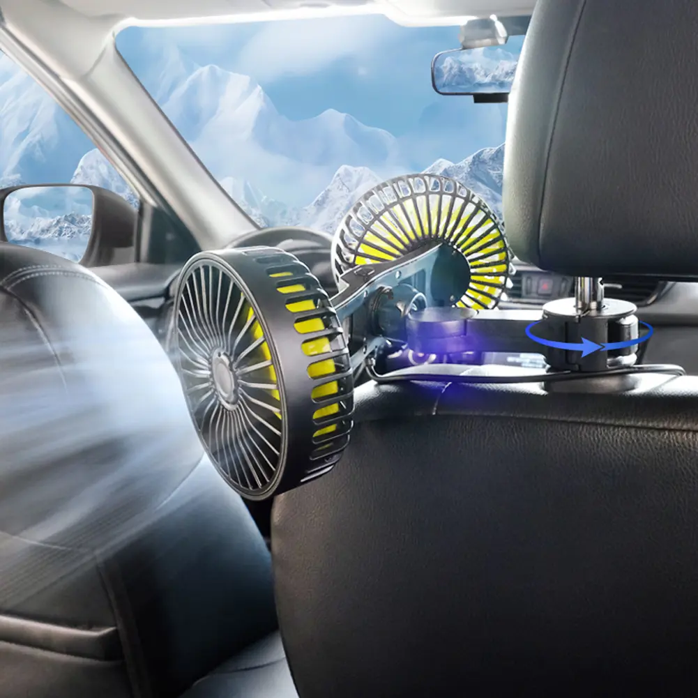 Car Seat Back Cooling Fan 360° Rotatable Dual Head Car Fan 3 Speed Adjustable Electric Fan 12V Auto Air Conditioning Ventilator
