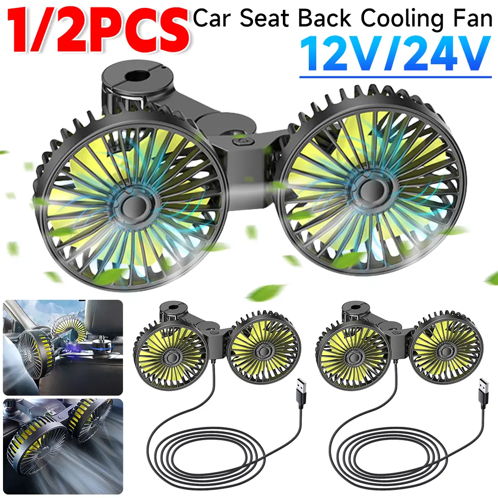 Car Seat Back Cooling Fan 360° Rotatable Dual Head Car Fan 3 Speed Adjustable Electric Fan 12V Auto Air Conditioning Ventilator