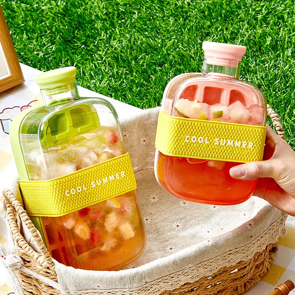 2-in-1 Silicone Ice Cube Water Bottle with Lid & Straw 500/800ml Ice Cube Mold Summer Fruit Juice Cooler Cup Ice Cubes Bottle