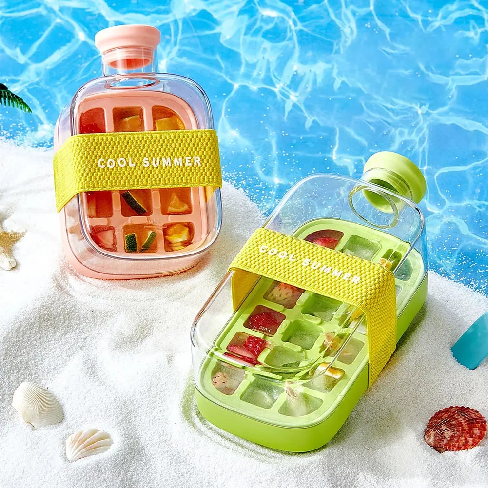 2-in-1 Silicone Ice Cube Water Bottle with Lid & Straw 500/800ml Ice Cube Mold Summer Fruit Juice Cooler Cup Ice Cubes Bottle