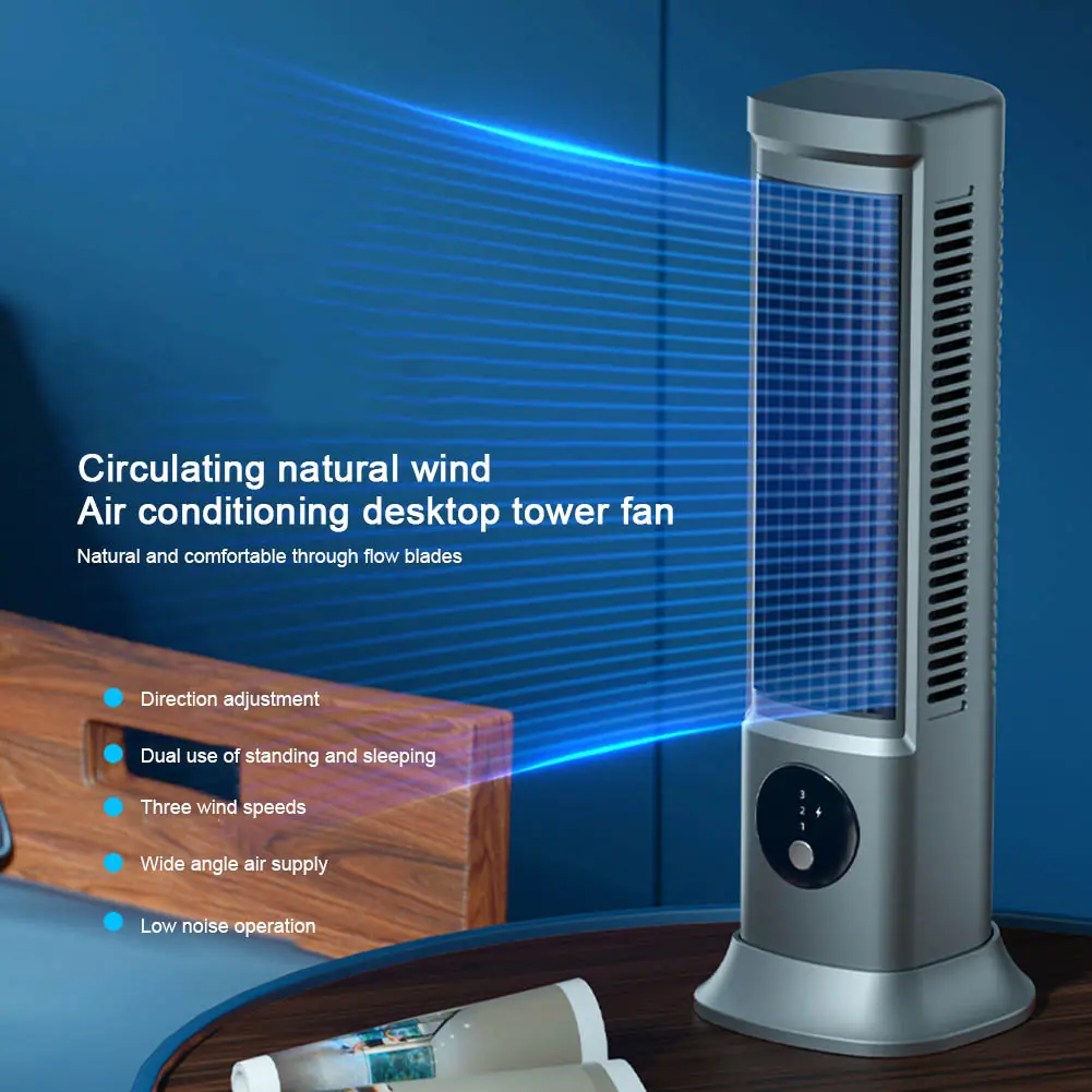 Portable Desktop Tower Fan Vertical Horizontal Cooling Bladeless Tower Fan 3 Speed USB Rechargeable Electric Fan Air Conditioner