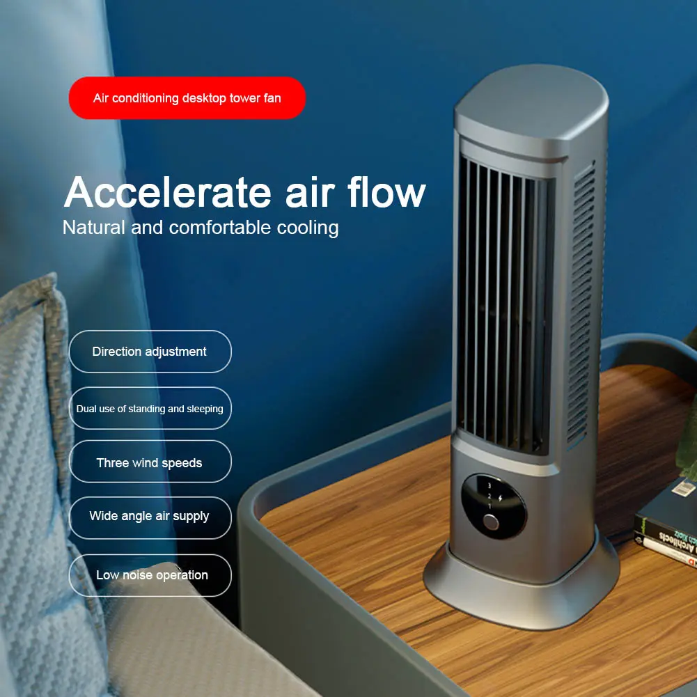 Portable Desktop Tower Fan Vertical Horizontal Cooling Bladeless Tower Fan 3 Speed USB Rechargeable Electric Fan Air Conditioner
