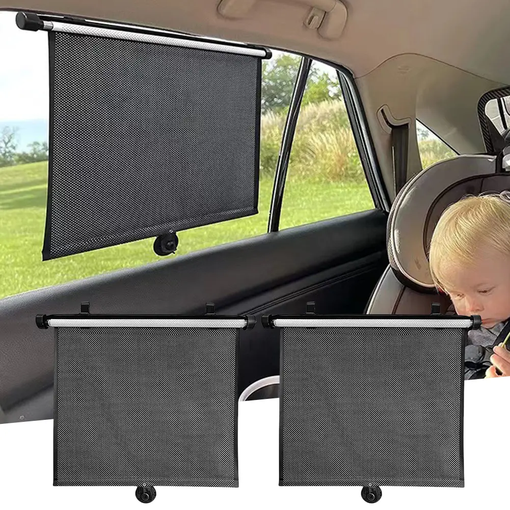 2Pcs Car Retractable Roller Sunshade 15 Inch Car Sunshade Curtain Press Button Roll Up Telescopic Sunshade Blocking