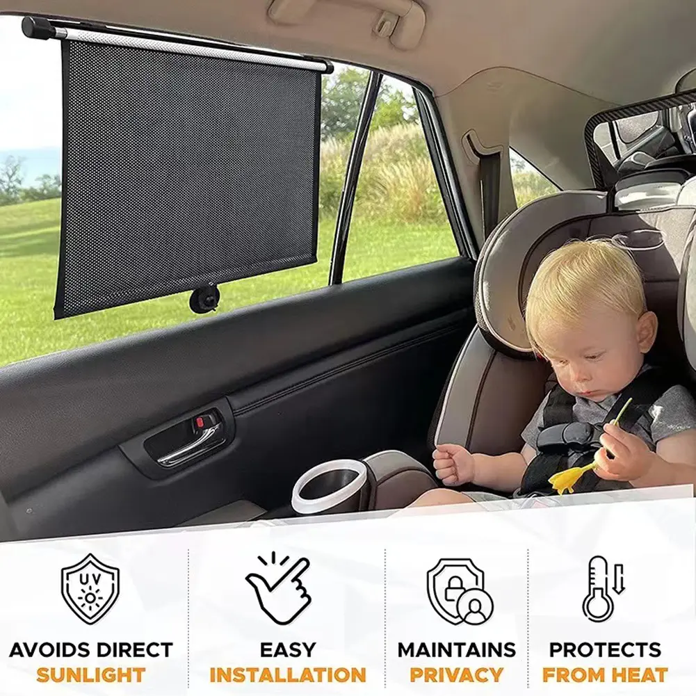 2Pcs Car Retractable Roller Sunshade 15 Inch Car Sunshade Curtain Press Button Roll Up Telescopic Sunshade Blocking