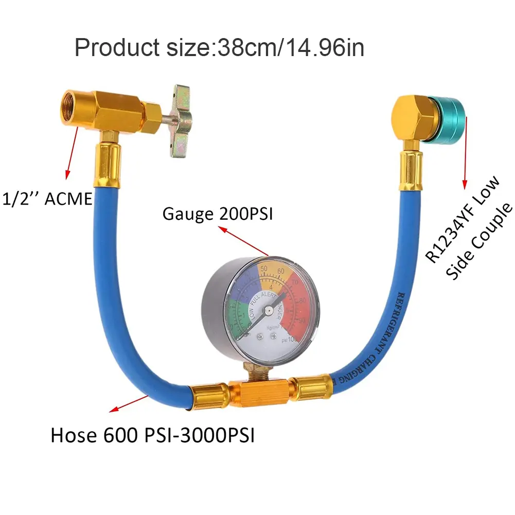 R1234YF Car Refrigerant Charging Pipe with 1/2 Inch ACME LH AC Recharge Hose 14mm Low Side Quick Coupler Refrigerant Gas Refill