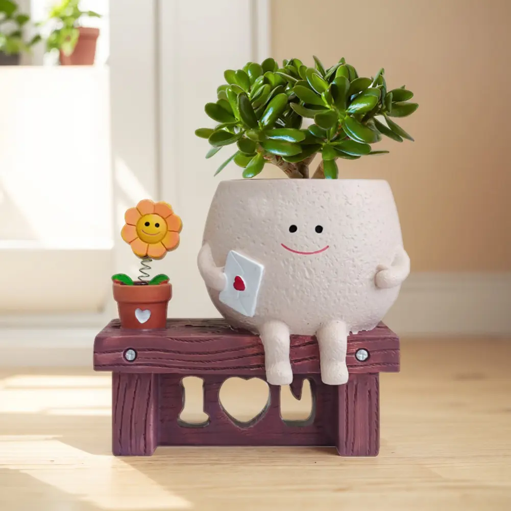Resin Smile Face Plant Pot Sitting Long Chair Succulent Smile Face Planter Desktop Decorative Flower Pots Gardening Accessories
