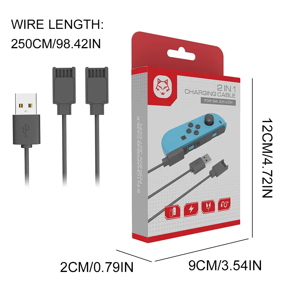 USB Charger Cable for Joycon Controller 2 in 1 Portable Charging Cable 2.5M Charging Cord for Switch Controller Charger