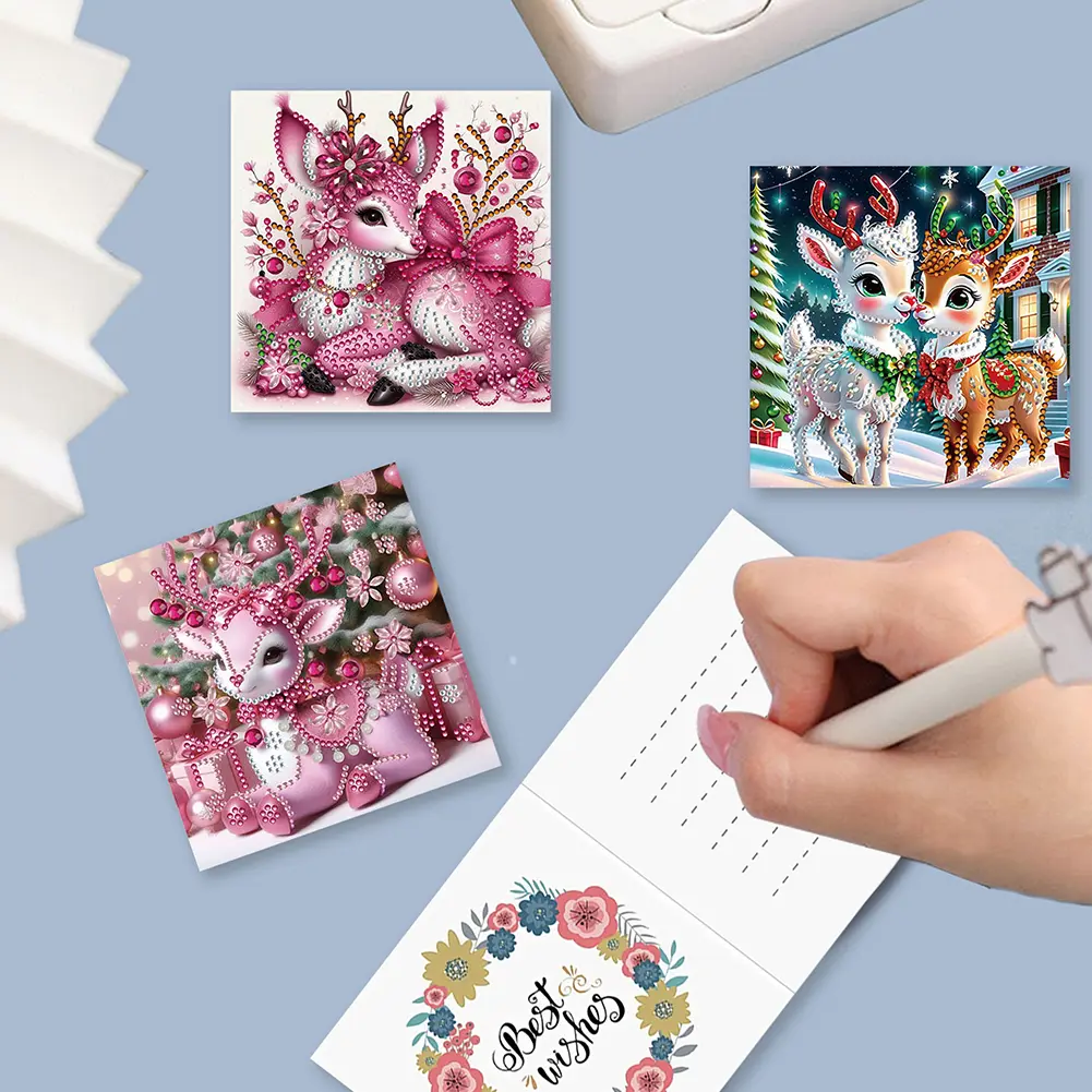 6pcs DIY Diamond Painting Card Christmas Elk Rhinestone Painting Thank You Card Diamond Drawing Handmade Cards Christmas Gifts